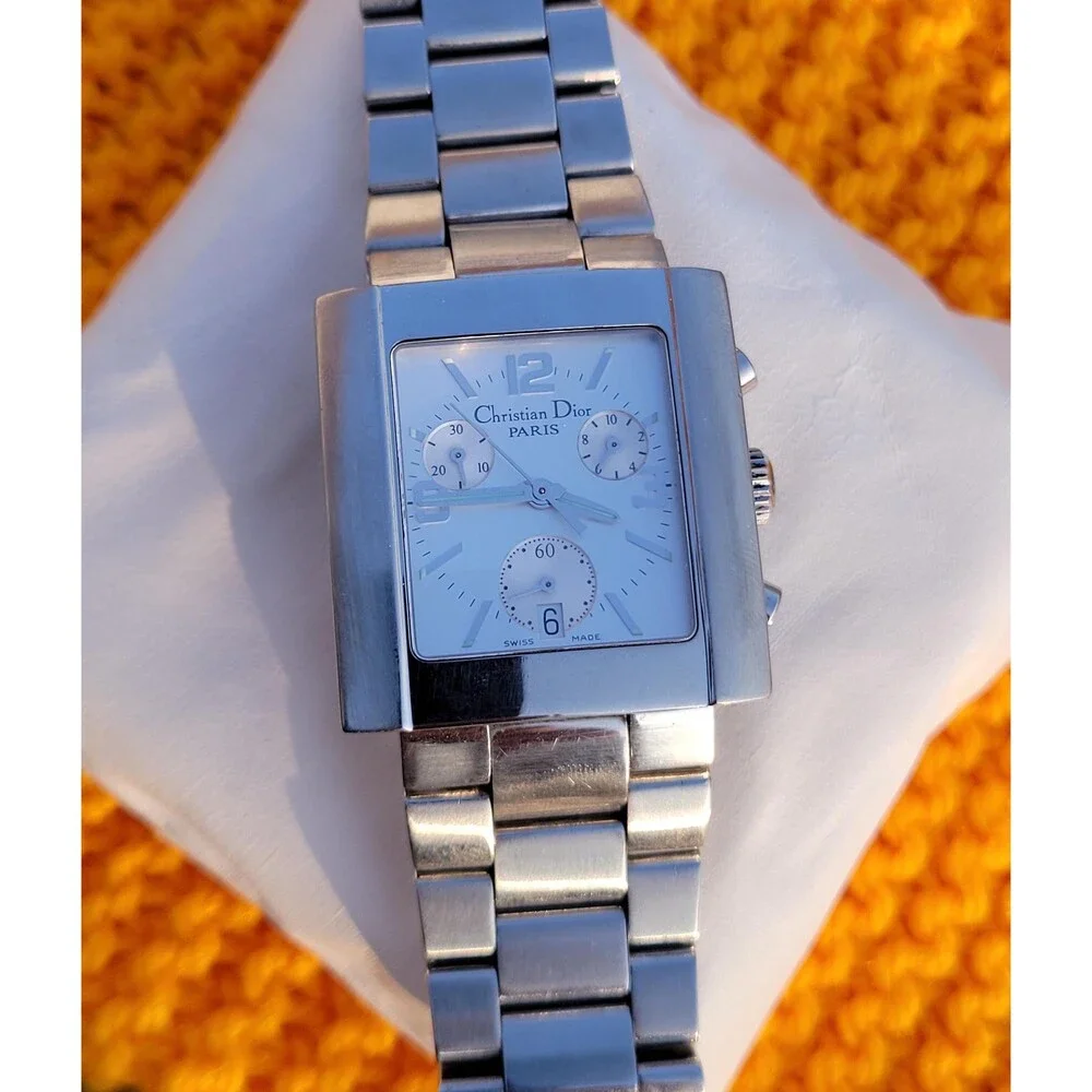 Christian Dior Riva Chronograph Watch Silver Rectangular Swiss Made Luxury